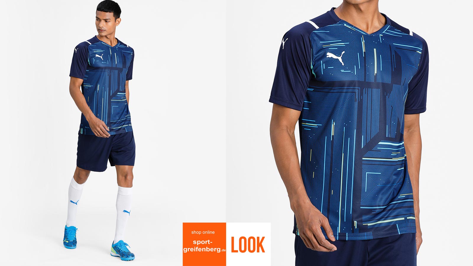 Das Puma Grafik Trikot Set Ultimate blau mit Jersey und Short