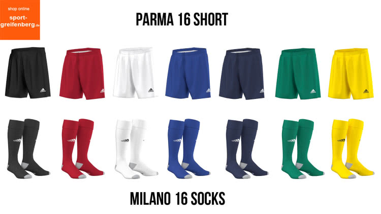 Adidas Parma 16 Short und Adidas Milano 16 Sock als Hose und Stutzen für Trikotsätze