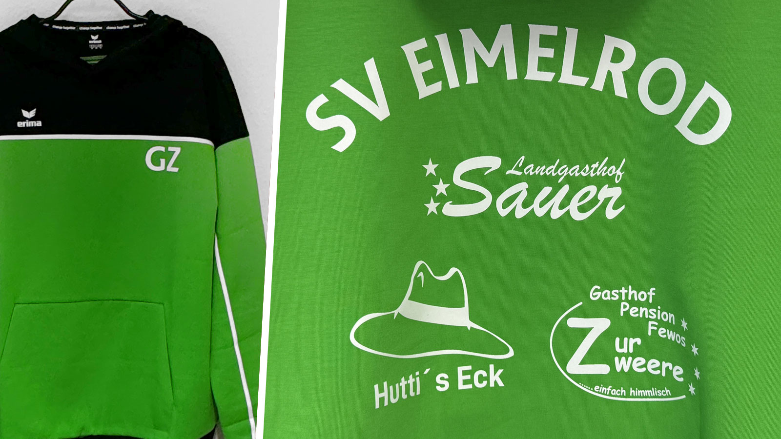 grüne Erima Hoodies mit 3 Sponsoren auf dem Rücken in weiß