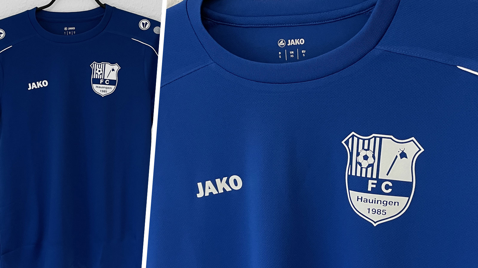 die blauen Jako Training Jerseys mit Vereins-Bedruckung auf Brust und Rücken