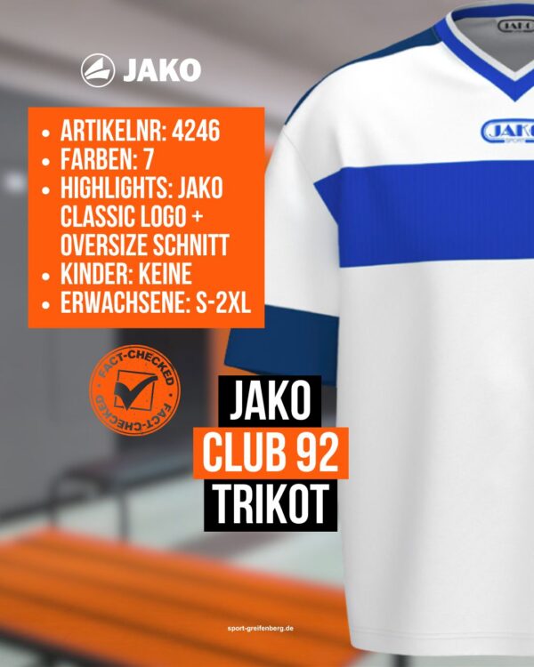 Daten zum Jako Trikot Club 92 mit Art 4246