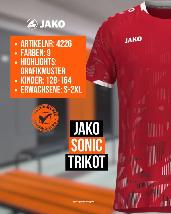 Das Jako Trikot Sonic (Art. 4226) mit allen Daten