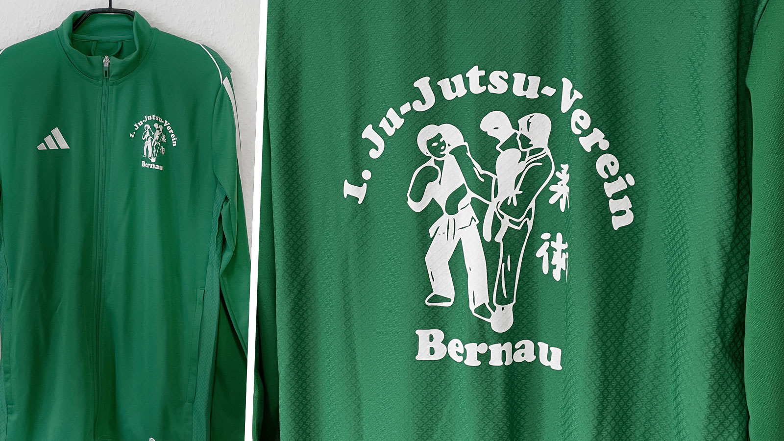 grüne Ju-Jutsu Trainingsjacken mit Bedruckung auf Brust und Rücken