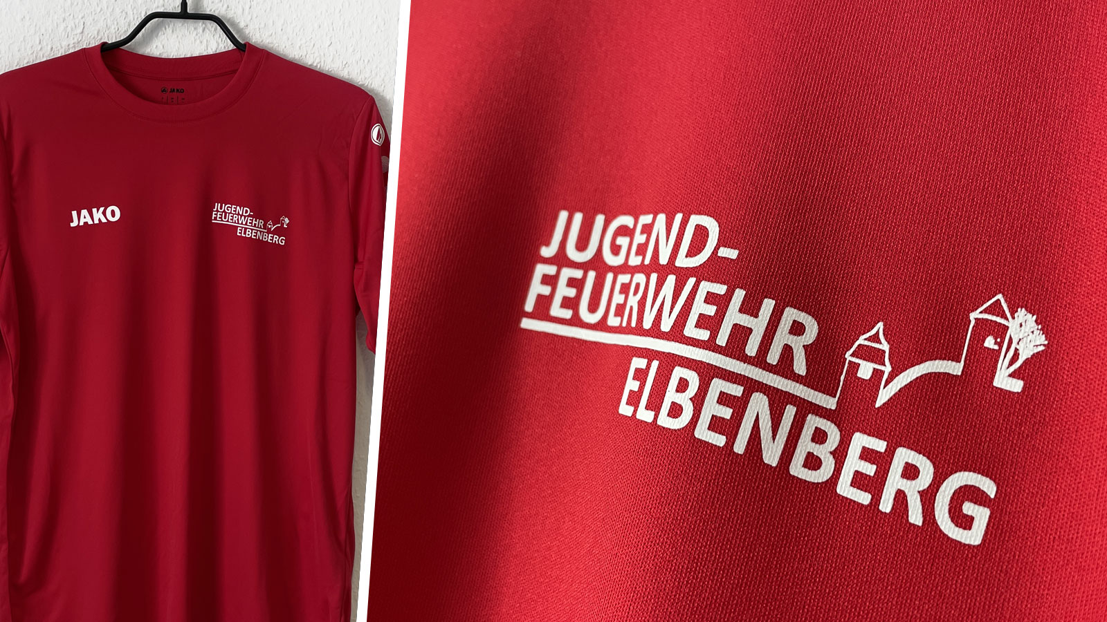 rote Jugend Feuerwehr T-Shirts mit weißer Logo Bedruckung