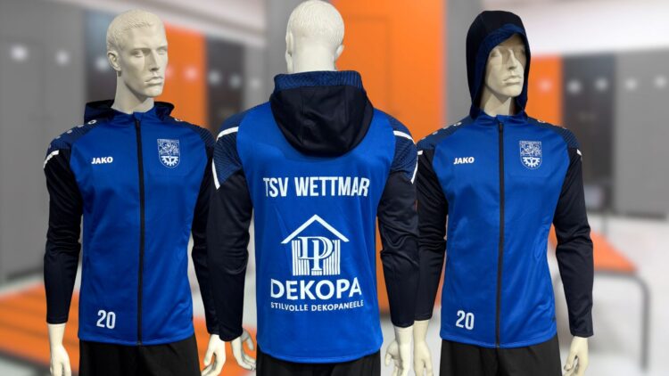 blaue Kapuzenjacken von Jako mit Bedruckung auf Brust und Rücken