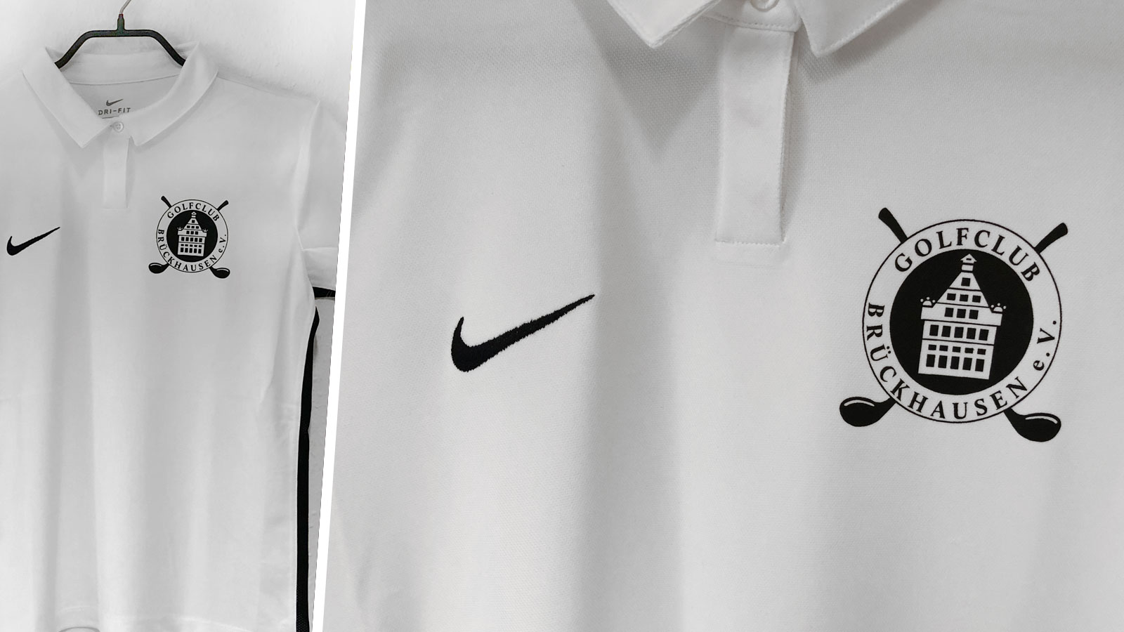 Das weiße Nike Golf Poloshirt mit Club Wappen Bedruckung in schwarz