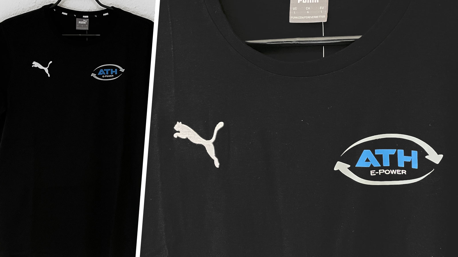 schwarze Puma Firmen T-Shirts mit Logo Aufdruck in Farbe