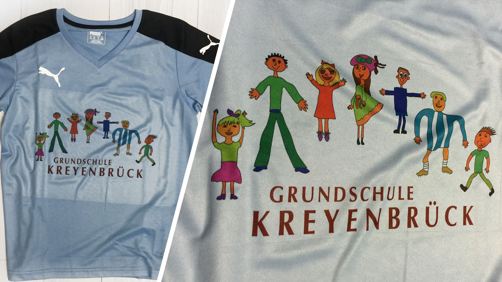 Schulshirts mit Druck des Schul-Logos in Farbe.