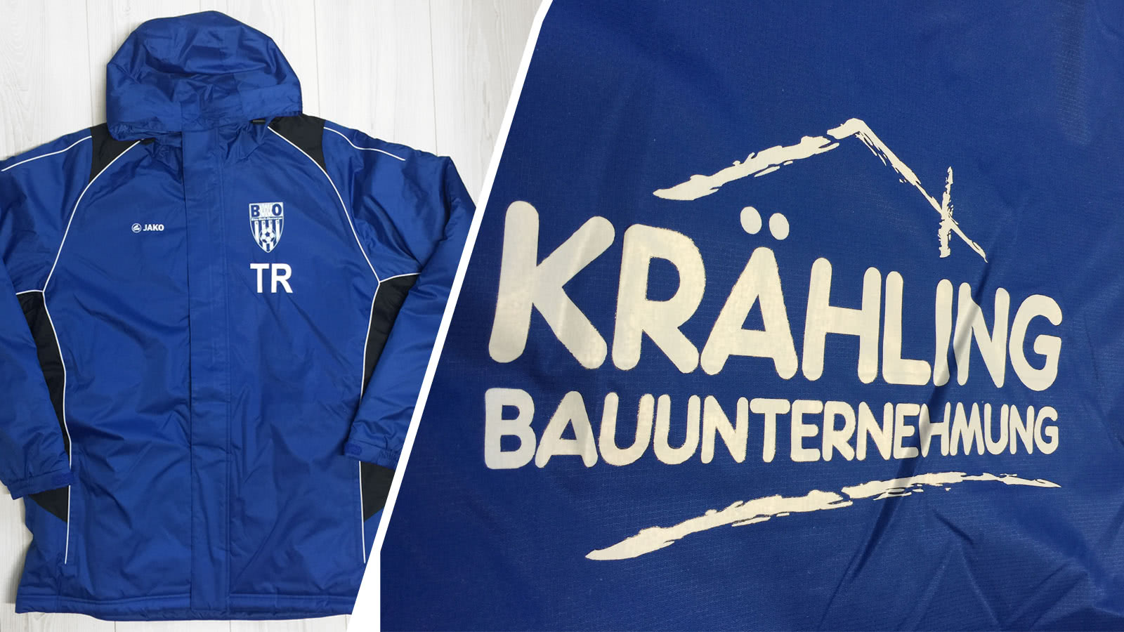 Die Stadionjacke mit Bedruckung der Blau Weiß Obersorpe als Referenz