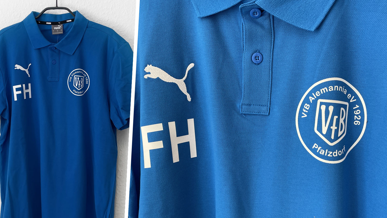 die blauen Team Poloshirts mit eigenem Vereinswappen Bedruckung