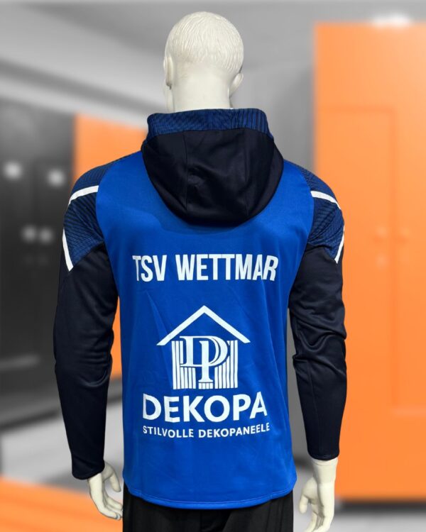 Trainingsjacken mit Kapuze sowie Vereinsnamen und Sponsor Druck in weiß