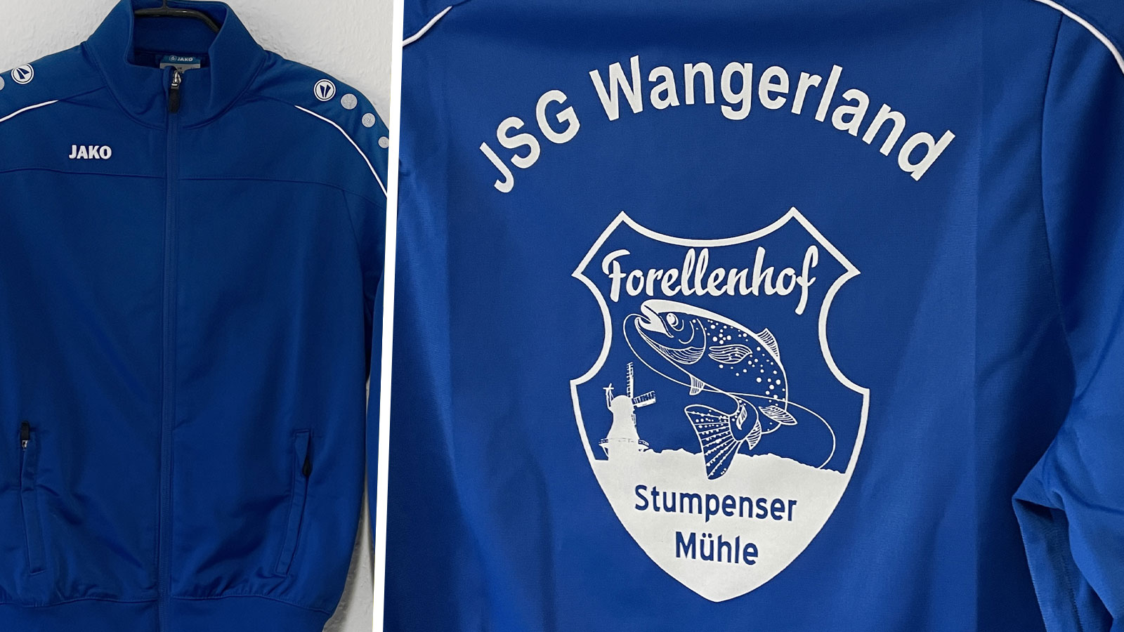 blaue Trainingsjacken mit Vereinsname und Logo Bedruckung in weiß