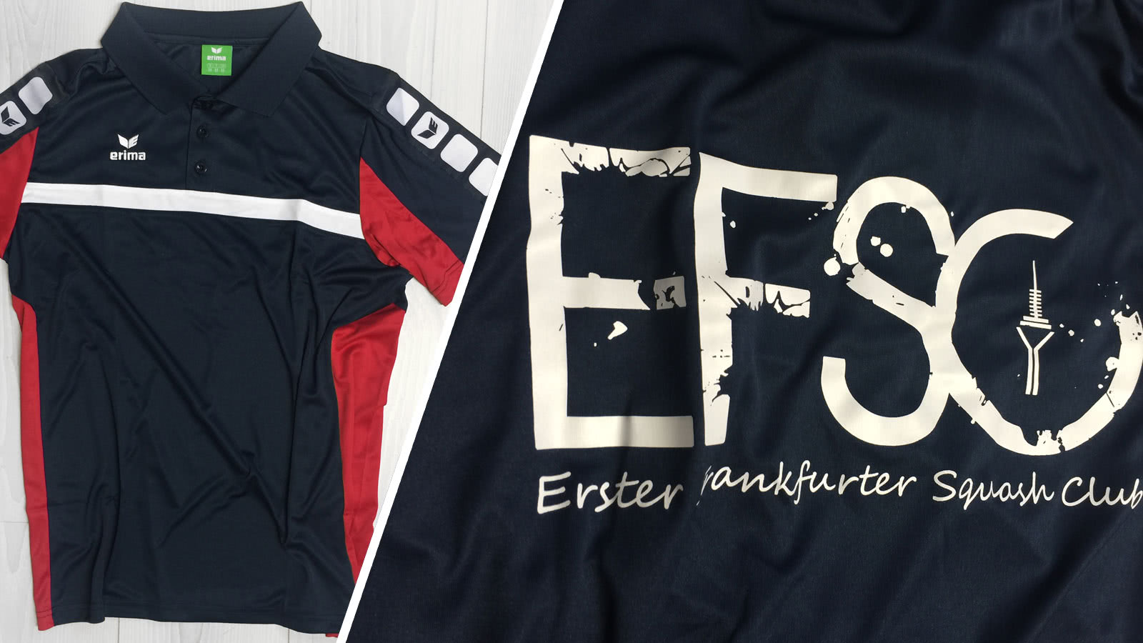 Die Erima Poloshirt mit Used Style Druck vom EFSC Squash Club Frankfurt