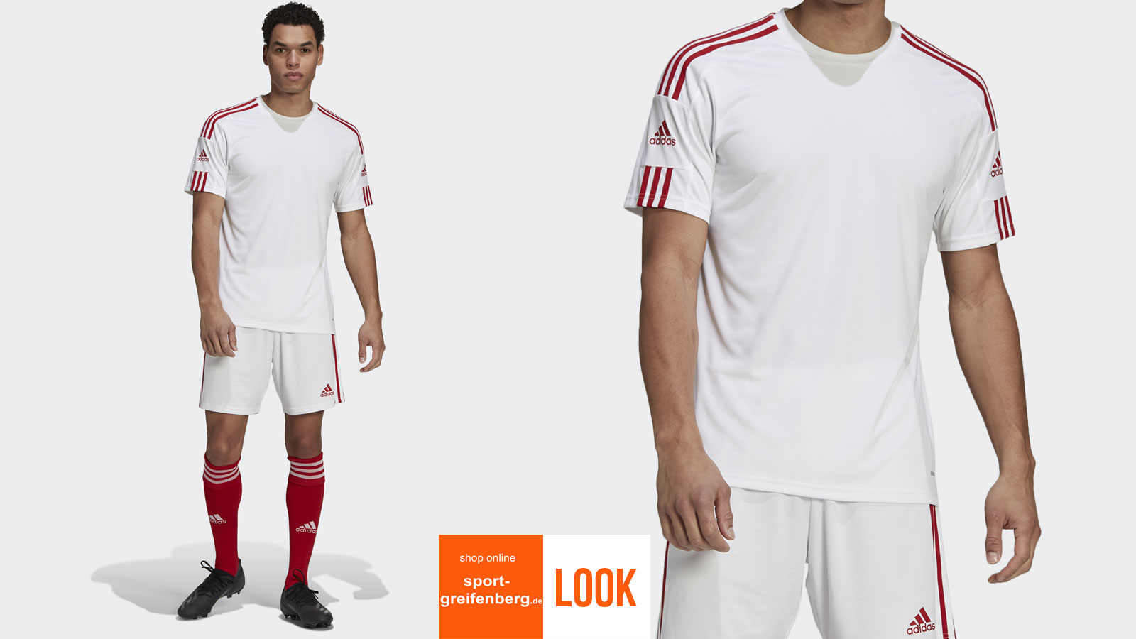 Der adidas 3 Streifen Trikot Set weiß rot mit Hose und Stutzen