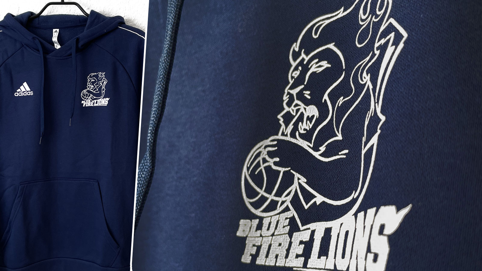 Das adidas Hoodie mit eigenem Logo der Blue Fire Lions