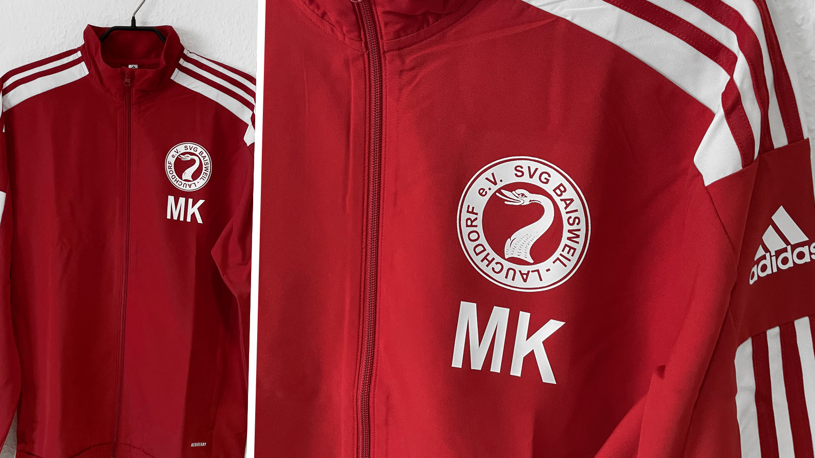 rote adidas Praesentationsjacke mit Club Logo Bedruckung in weiß