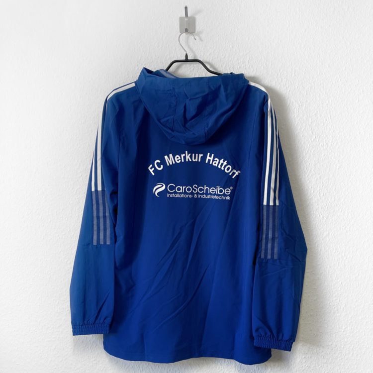 adidas Präsentationsjacke in blau mit Vereinsname und Werbung in weiß