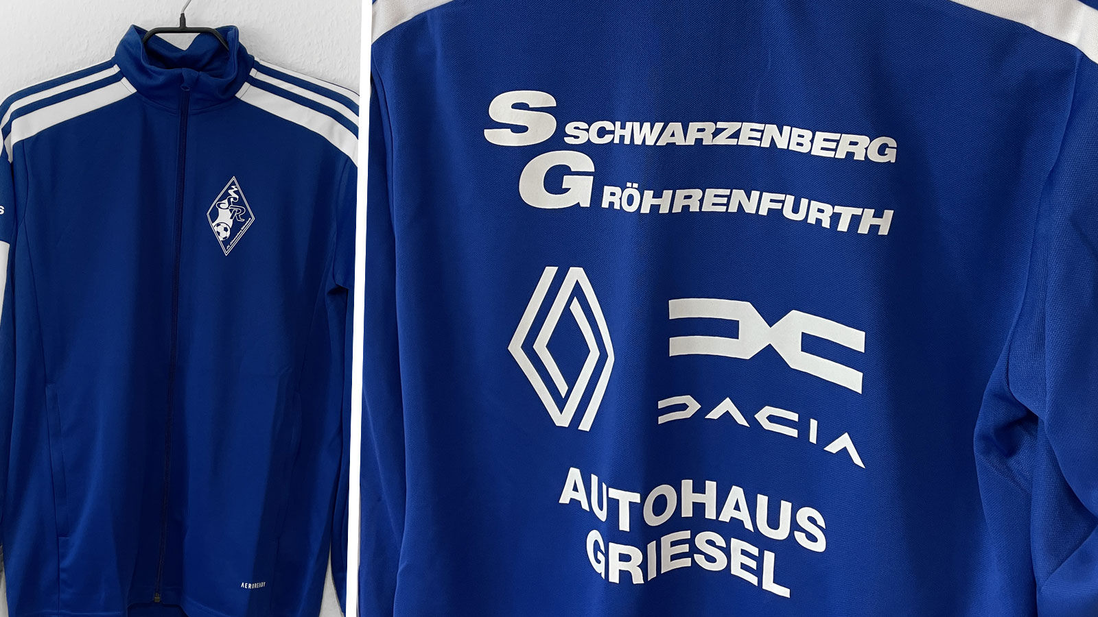 die blauen adidas Trainingsjacken mit Bedruckung in weiß