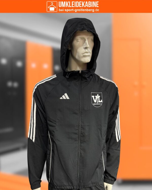 schwarze adidas Windbreaker Jacke mit Kapuze und Bedruckung in weiß