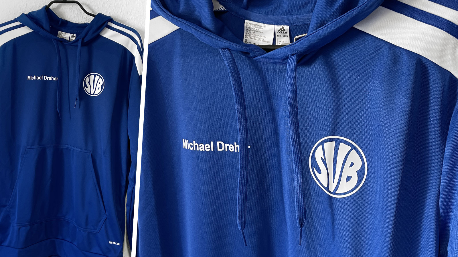 blaues adidas Hoody mit Druck des Vereinswappens