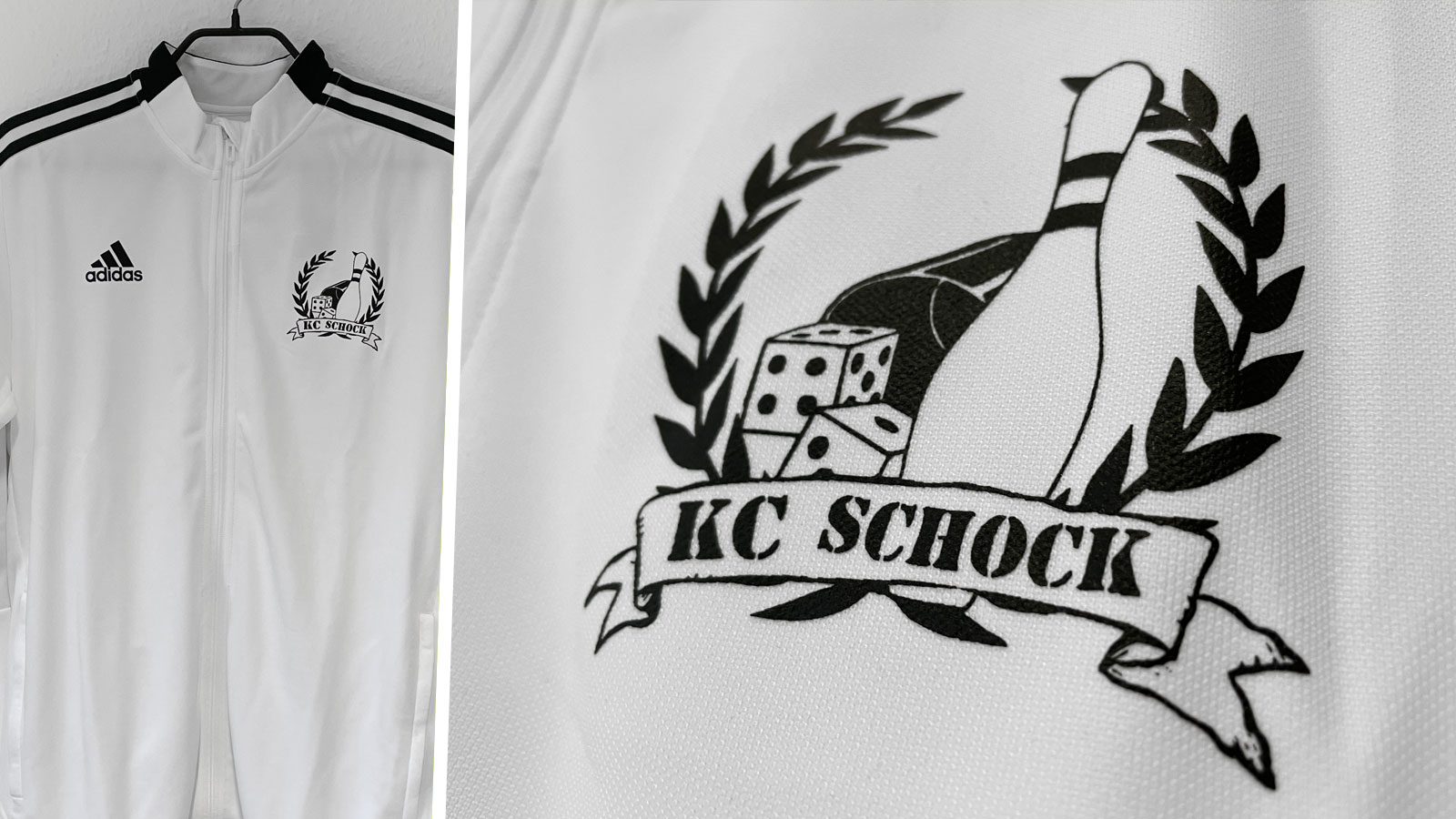 die weißen adidas Jacken für den Kegelclub mit eigenem Logo Aufdruck