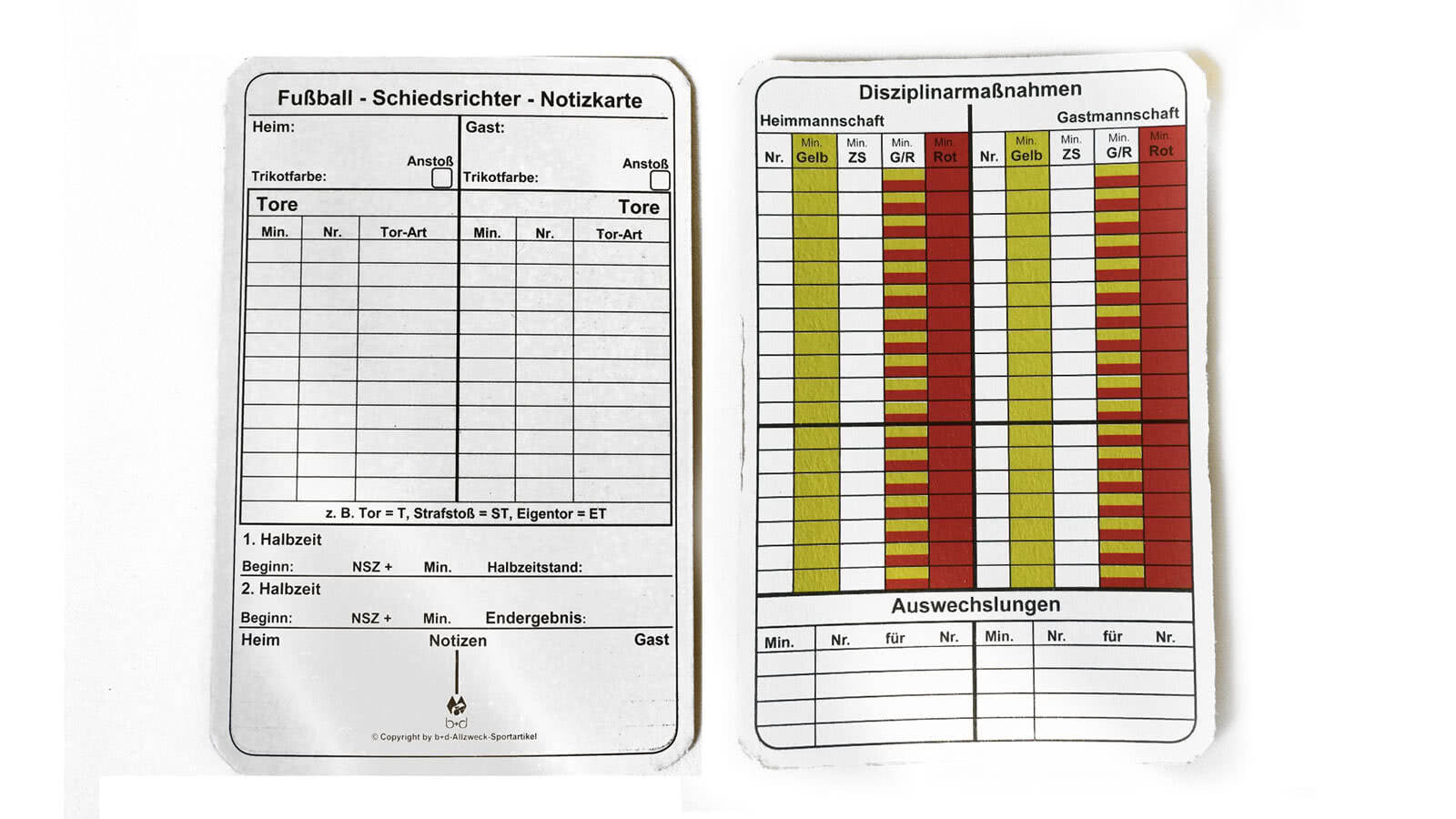 Die Schiedsrichter Spielnotizkarten Fußball für den online Bereich