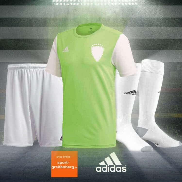 Der adidas Estro 19 Trikotsatz in neongrün weiß weiß mit Trikot Hose und Stutzen