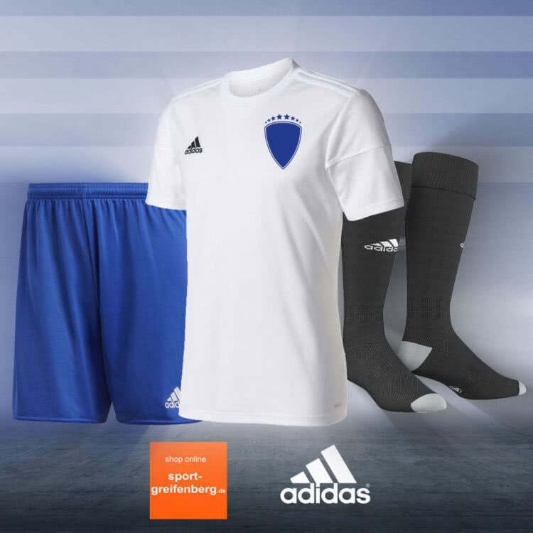 Der adidas Trikotsatz Tabela 18 weiss blau schwarz mit Trikot, Hose und Stutzen