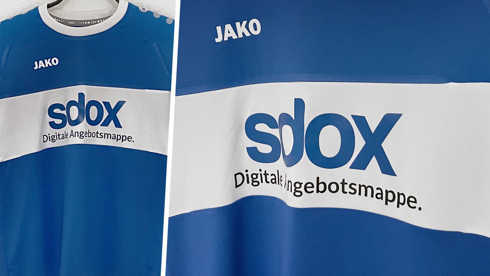 die blauen Jako Trikots mit farbig bedruckter Werbung auf der Brust