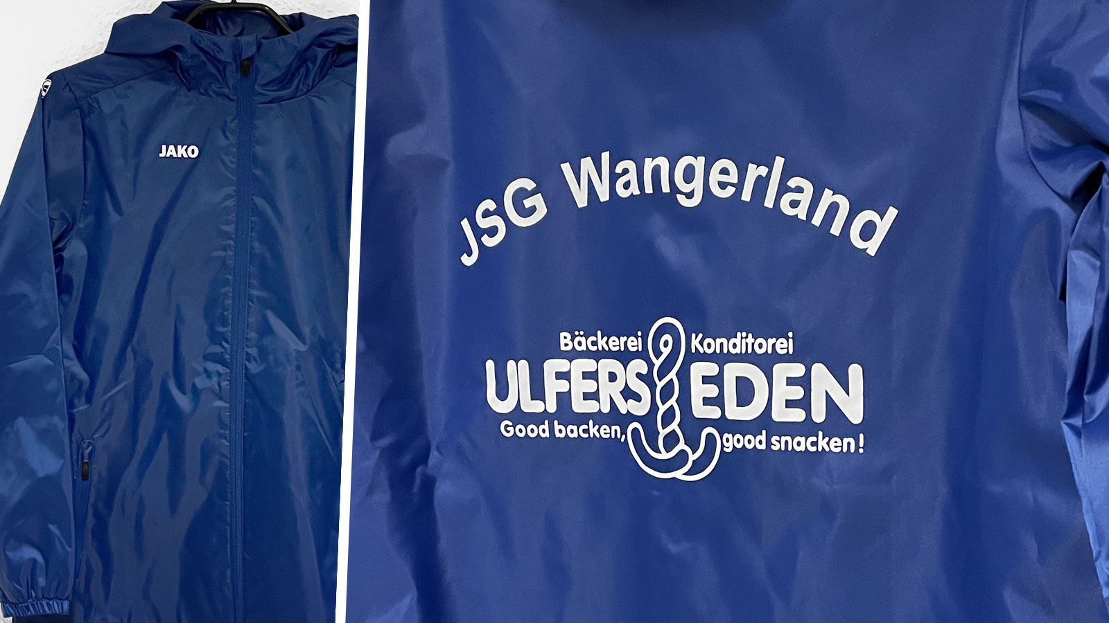 blaue Regenjacken mit Vereinsname und Sponsor in weiß