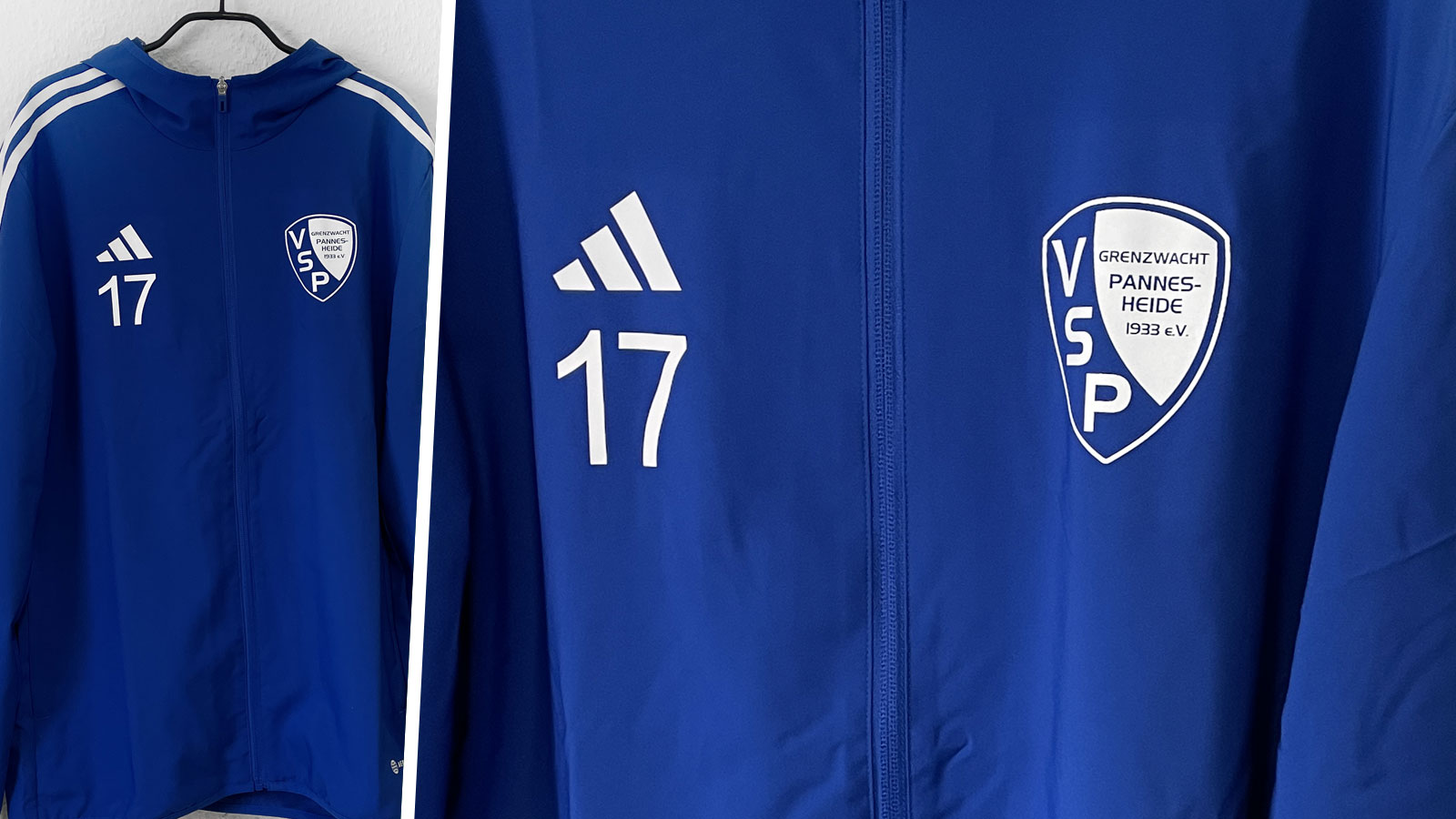 blaue adidas Jacken mit Kapuze und Vereinslogo Bedruckung in weiß