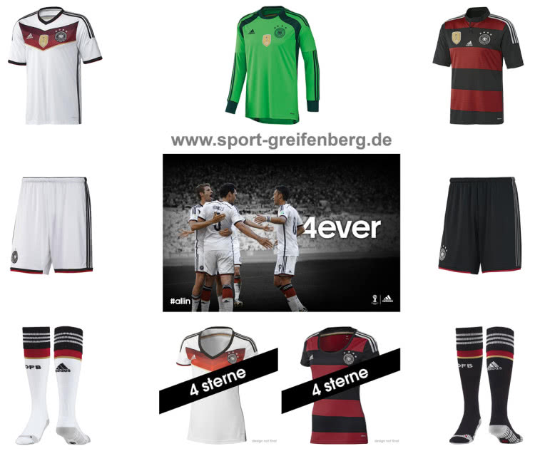 Die Adidas DFB 4 Sterne Fanartikel mit dem DFB Heimtrikot sowie den Shorts und Stutzen