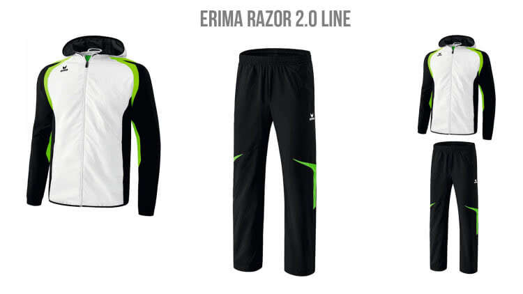 Der Erima Razor 2.0 Präsentationsanzug als Kombination aus der Präsentationsjacke mit Kapuze + Hose