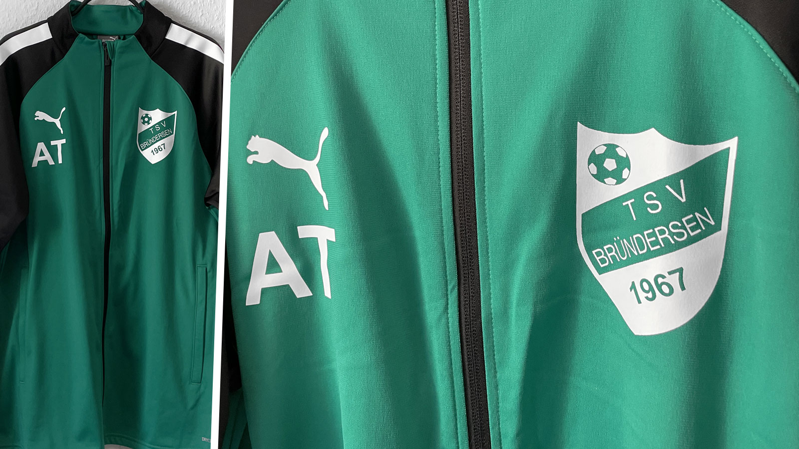 grüne Puma Trainingsjacke mit weißer Bedruckung auf der Brust