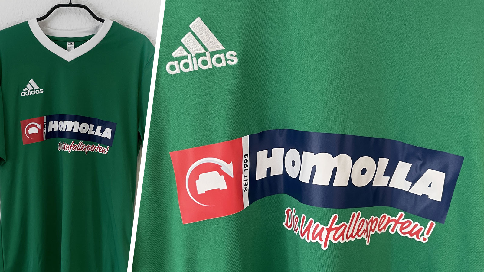 grüne adidas Trikots mit farbiger Sponsorenlogo Bedruckung