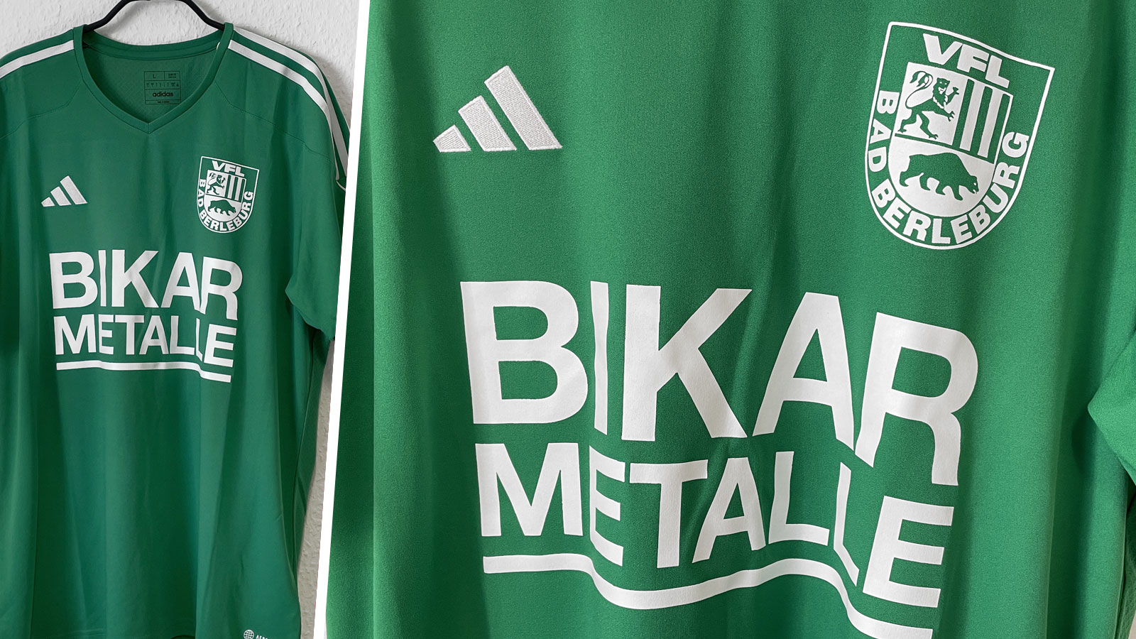 grüne adidas Trikots mit weißer Bedruckung auf der Brust und dem Rücken