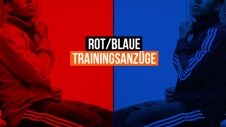 Auch von adidas Nike und Puma kannst du rot blaue Trainingsanzüge mit Jacke und Hose bestellen
