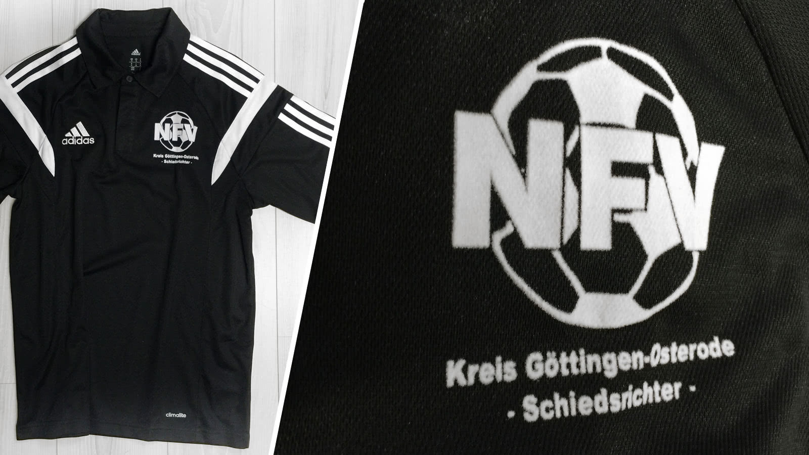 Das Schiedsrichter Poloshirt mit Druck des NFV als Referenz