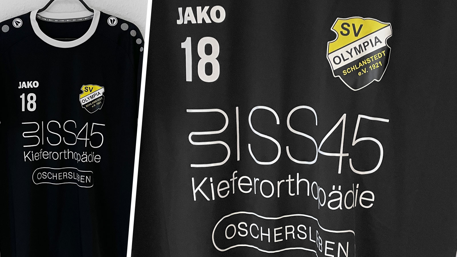 die schwarzen Jako Trikot Shirts mit farbiger Bedruckung auf der Brust