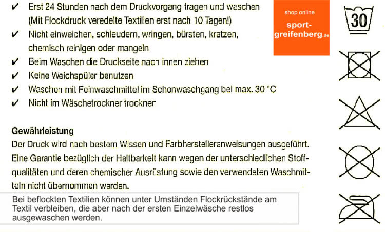 Die Waschanleitung für alle Sportartikel mit einem Flock oder einem Druck